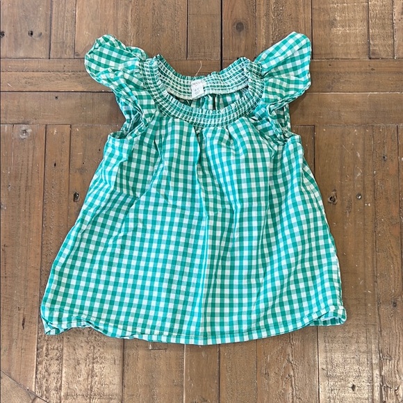 Crewcuts green gingham checkered ruffled shoulder smocked neckline top - Picture 1 of 5